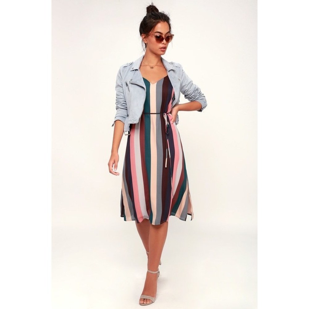 Lulus Erina Mauve Multi Stripe Belted Midi Slip Dress Pink - Size L